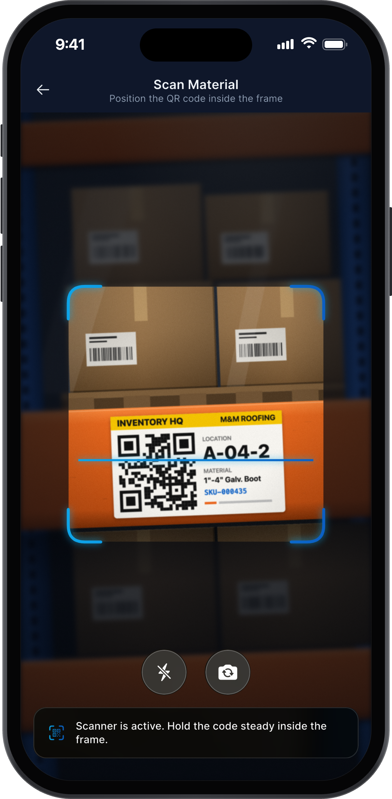Crew member scanning a QR shelf label with the InventoryHQ app