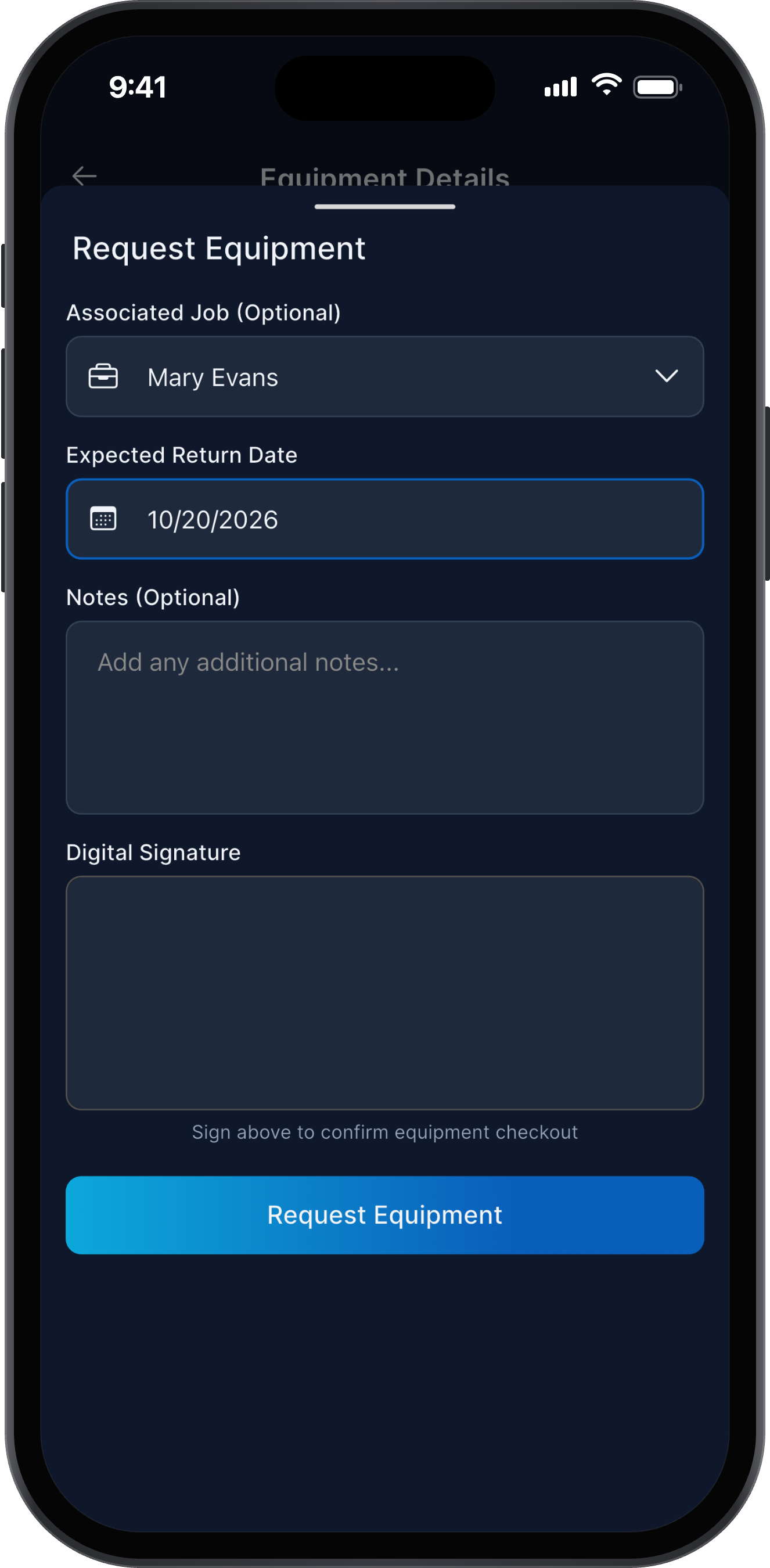 Equipment request on the mobile app with job, return date, and signature