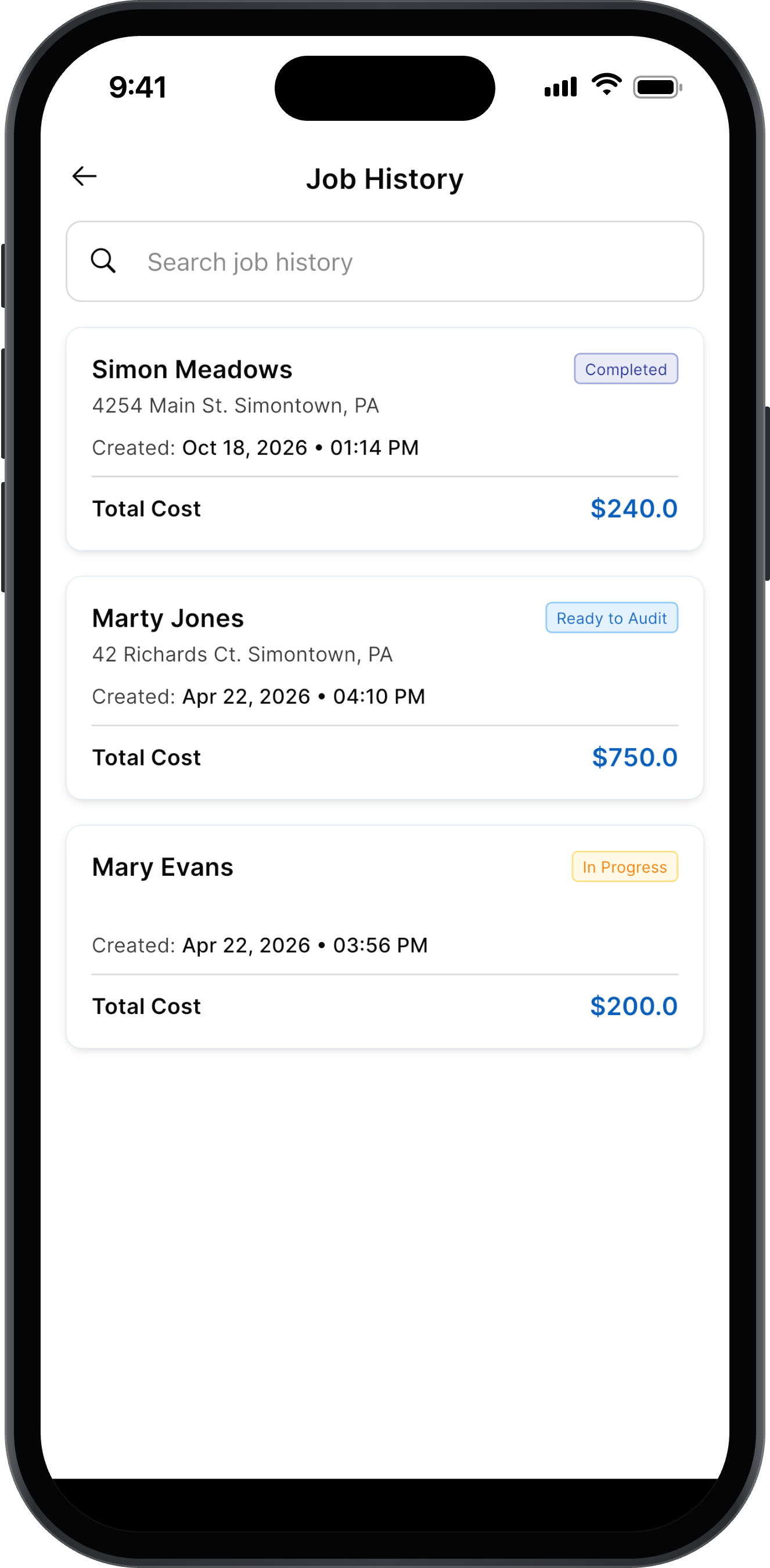 Job history showing total material cost per job